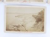 several old photos of a river and a boat on a white surface