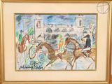 a picture of a drawing of a horse and buggy race