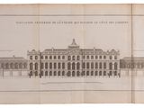 a drawing of a large building with a clock on top of it