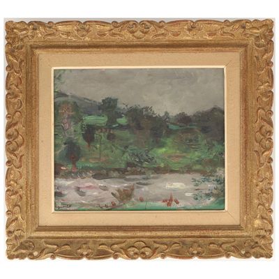 une peinture d'un paysage avec une rivière au premier plan