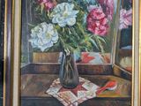 une peinture de fleurs dans un vase sur une table