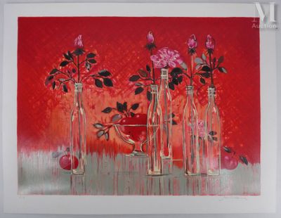 tableau représentant des roses rouges dans des bouteilles en verre et des pommes dans des vases