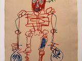 drawing of a skeleton with a red head and a blue face