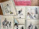 many pictures of people riding horses on the floor