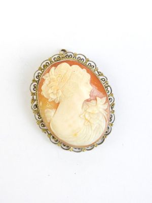 Broche-Pendentif Camée Ancien - Coquille Sculptée - Monture Or 18 Carats - Espagne XIXe Siècle