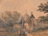 a painting of a man riding a horse in front of a house