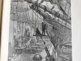 an open book with a drawing of a man on a boat