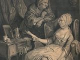 a drawing of a woman sitting at a table with a man