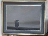 a picture of a painting of two people under an umbrella