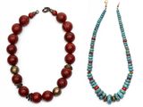 two necklaces with turquoise and red beads on a white background