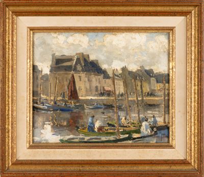 an oil painting of boats in a harbor with buildings in the background