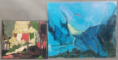 trois tableaux représentant une chaîne de montagnes et un ciel bleu parsemé de nuages