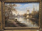 painting of a landscape with a windmill and a river in the foreground