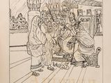 an old book with a drawing of a group of people sitting on a bench