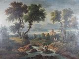 une peinture à l'huile représentant un paysage fluvial avec des personnages au premier plan