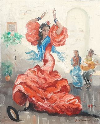 painting of a woman in a red dress dancing in a courtyard