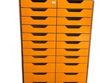 an orange filing cabinet with six drawers and five drawers