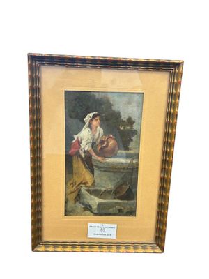 tableau représentant une femme se lavant les pieds dans une bassine, en compagnie d'un chien