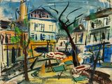une image représentant une peinture d'une scène de rue avec un banc et des parasols