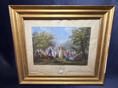 un vieux tableau représentant un groupe de personnes dans un environnement boisé