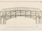 un vieux dessin représentant une construction en bois avec un toit en bois