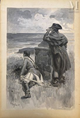 une vieille photo d'un homme et d'une femme regardant l'océan