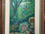 tableau représentant une femme avec une ombrelle dans un jardin fleuri