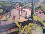 a painting of a house in the middle of a field