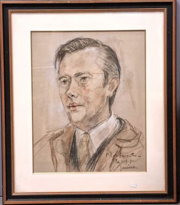 École française XXe "Portrait d'homme", dessin aux crayons r…