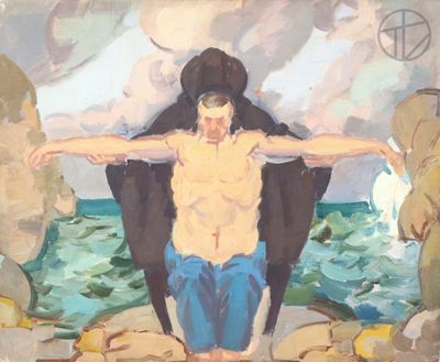 a painting of a man standing on a beach