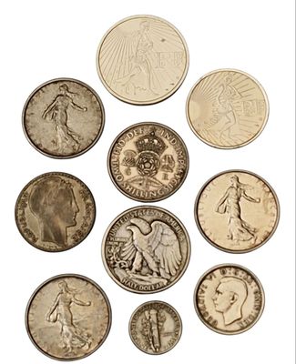 Lot de pièces en argent dont 10 euros, 25 euros, 1 & 2 shill…