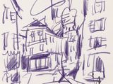 dessin à l'encre violette représentant une scène de rue avec des bâtiments et une personne tenant un parapluie