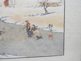 a picture of a painting of people and animals in the snow