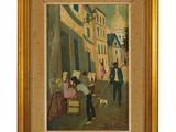 an image of a painting of people and a dog on a city street