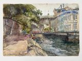 une aquarelle représentant une rivière avec des bâtiments en arrière-plan