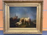 a picture of a painting of sheep and lambs in a field