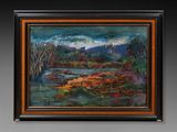 une peinture à l'huile représentant un paysage avec une rivière et des arbres