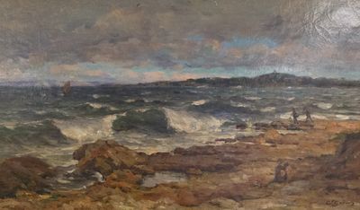 une peinture à l'huile représentant une scène de plage avec des personnes marchant au bord de l'eau
