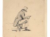 an old drawing of a man sitting on a chair reading a book