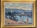 une photo d'un tableau représentant un pont au-dessus d'un plan d'eau