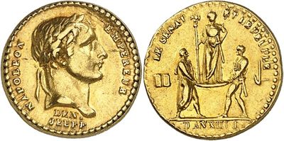 a gold coin with an image of a woman and a man on it
