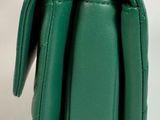 the green purse has a gold clasp on the front
