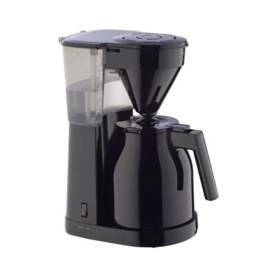 the black coffee maker is sitting on a white surface