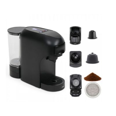 a black coffee maker with a cup and coffee grinder next to it