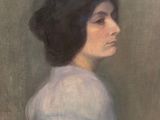 an oil painting of a woman in a white dress with a yellow belt