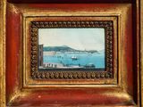 peinture d'une vue d'un port avec des bateaux dans l'eau