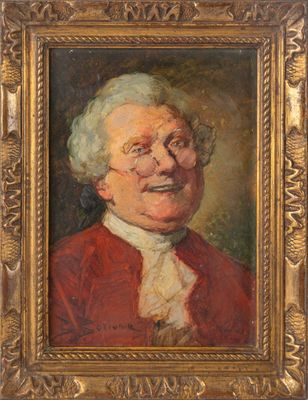 un tableau représentant un vieil homme vêtu d'un manteau rouge et d'une chemise blanche
