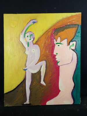 tableau représentant un homme et une femme debout devant un fond jaune