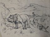 dessin représentant un lion et d'autres animaux dans un champ, avec une montagne en arrière-plan