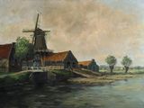 a painting of a windmill on the shore of a river